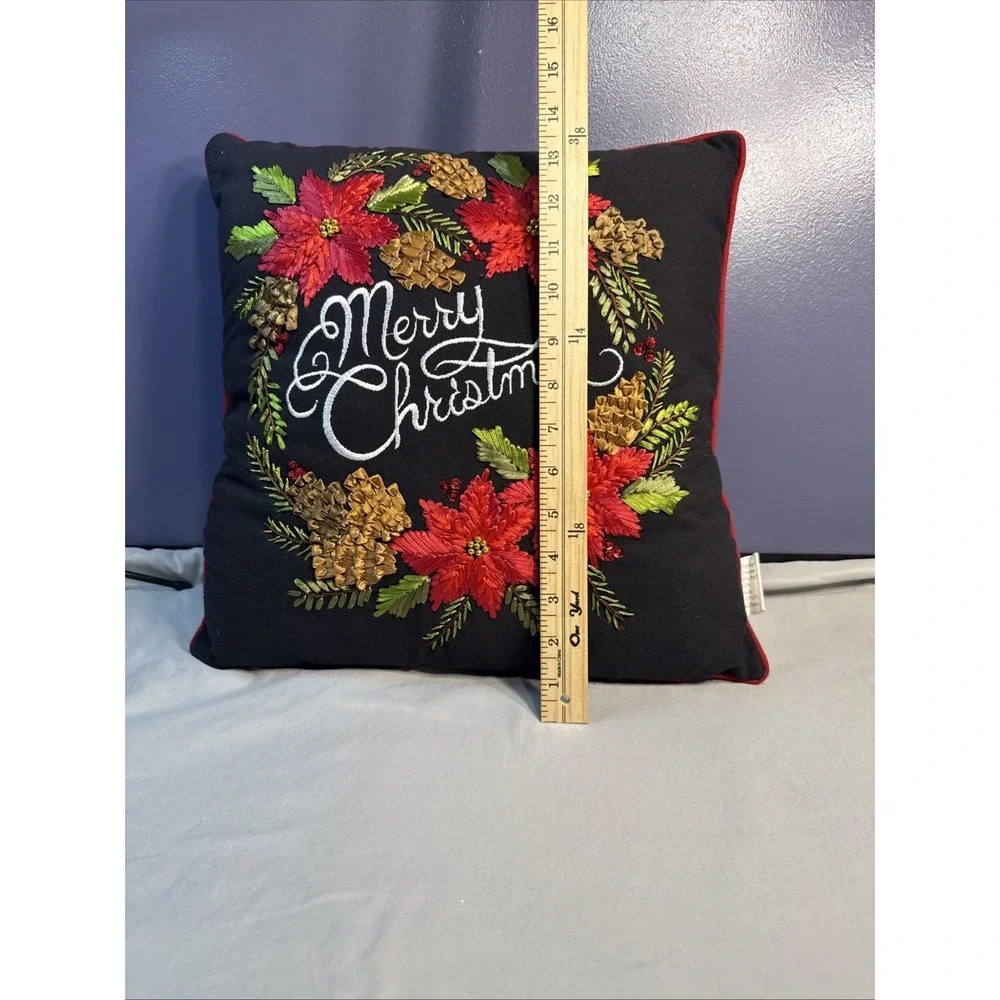 Embroidered Merry Christmas Poinsettia Throw Pillow Black Velvet Holiday Decor